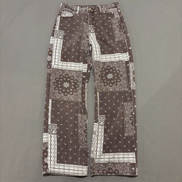 Shein Pants Womens Small 27x27 Brown Geometric Patchwork Straight Leg Y2K Style - Picture 1 of 7